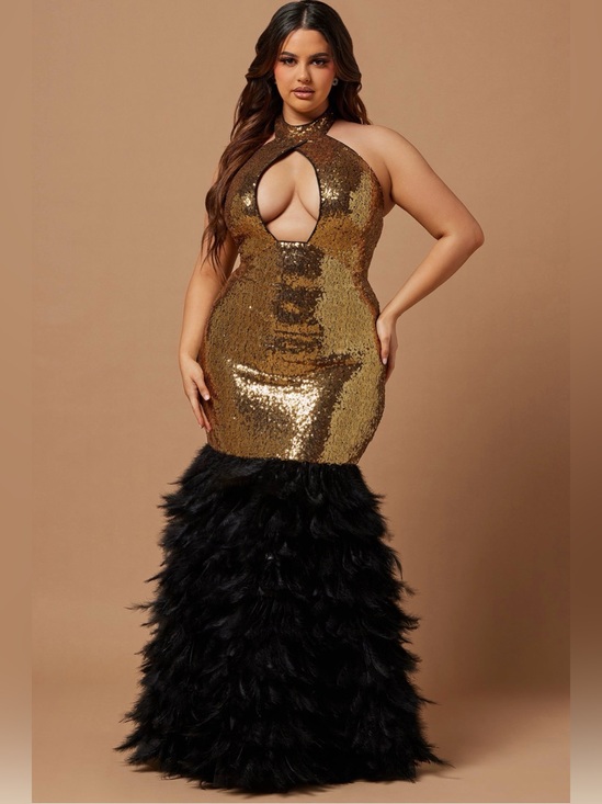 Fashion Nova Dresses & Skirts - Gold Sequin Dress with Black Feathers SOLD OUT